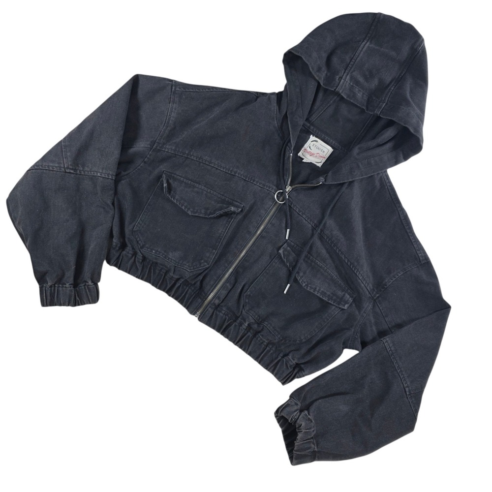 Stoosh Cropped Denim Hoodie Washed Black Full Zip Jacket Black L Womens